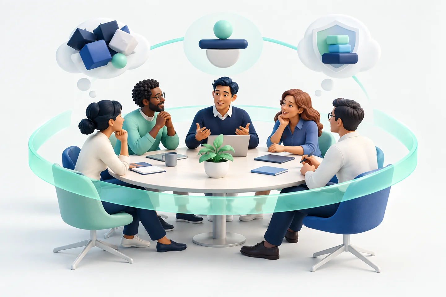 Equipe discutindo organização do trabalho em uma rede de informações conectadas