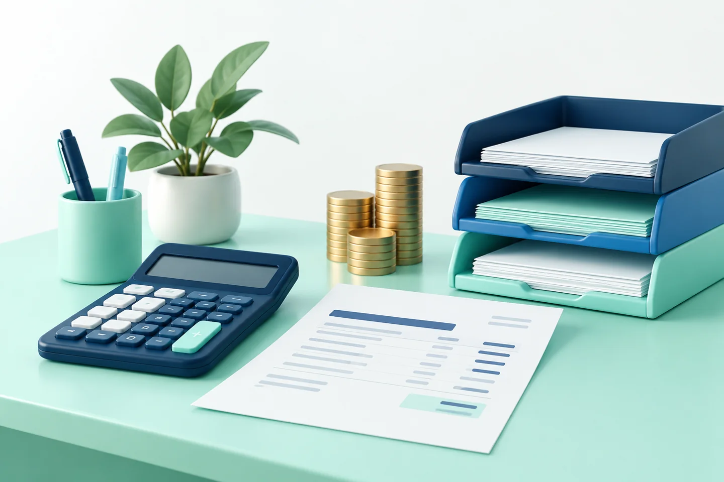 Documentos financeiros, calculadora e moedas organizados para gestão de faturamento