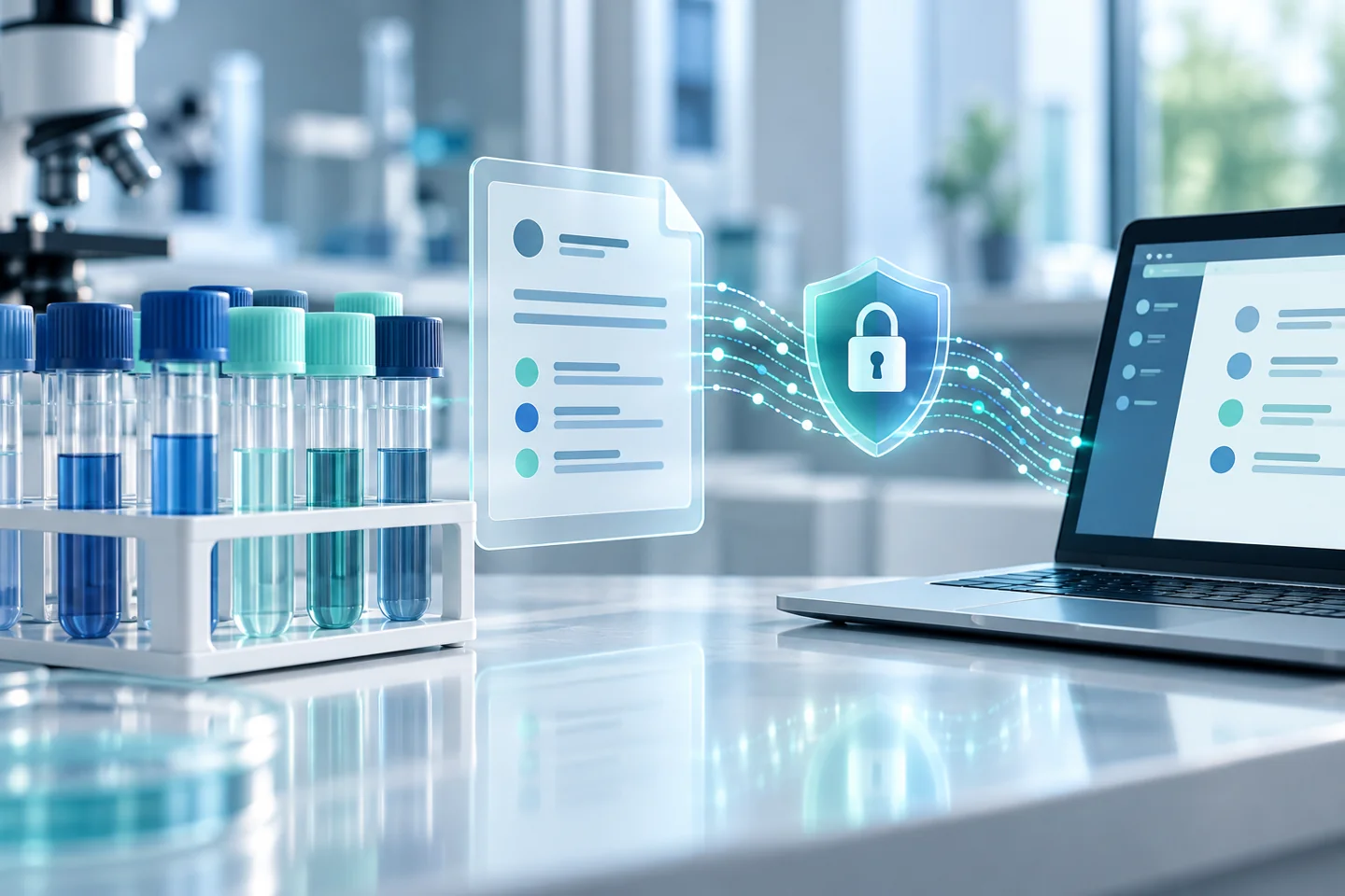 Resultados de exames e amostras de laboratório conectados a um sistema digital