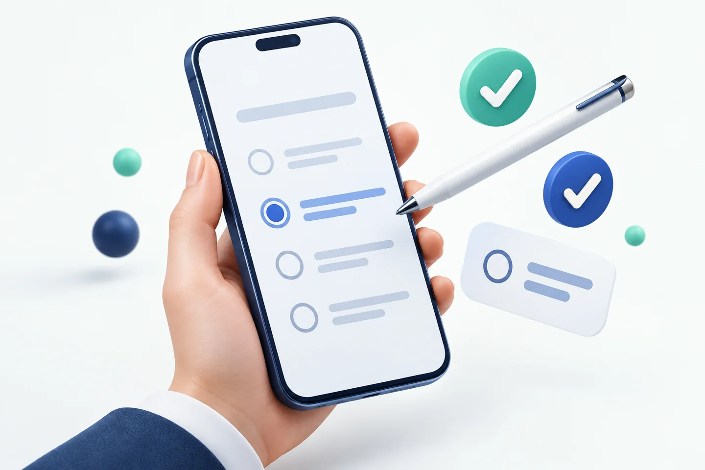 Questionário digital em um smartphone com sinais de validação